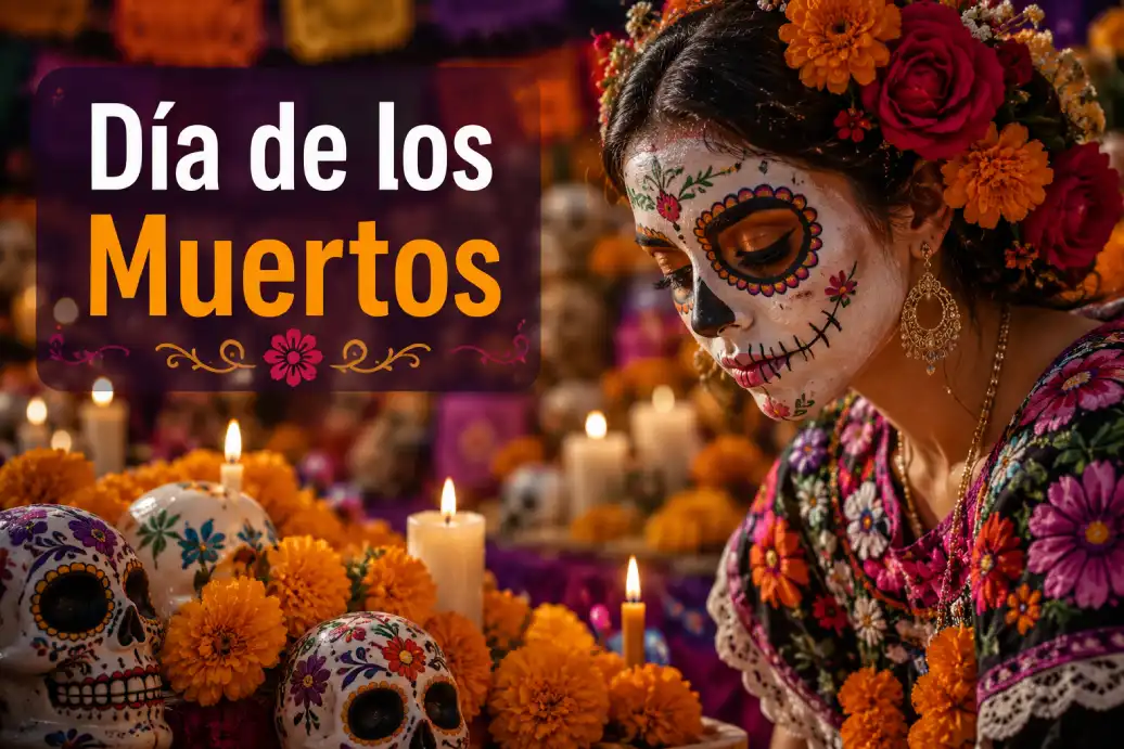 Dia de los Muertos altar with marigolds candles and ancestor remembrance