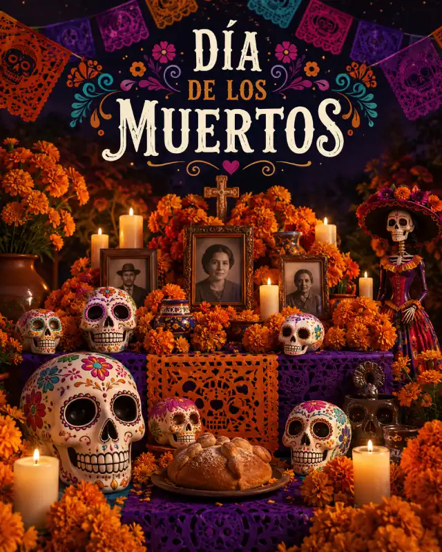 Dia de los Muertos altar with marigolds candles and traditional decorations