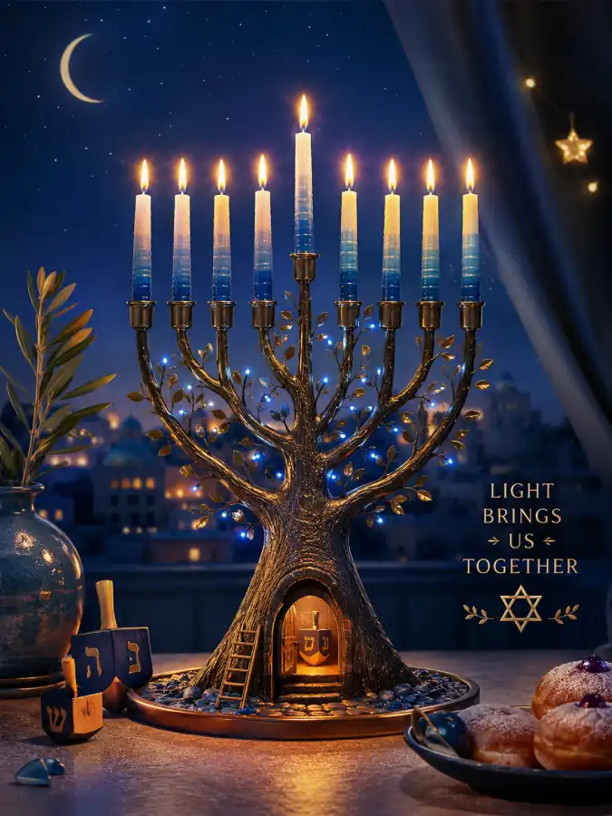Hanukkah celebration with menorah candles prayers and traditional dishes