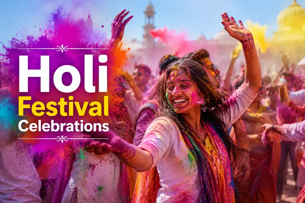 Holi spring festival with colored powders and dancing