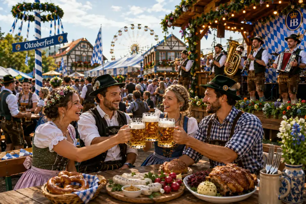 Oktoberfest celebration with Bavarian clothing music food and community gathering