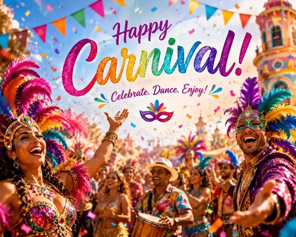 Carnival parade with colorful costumes music and dancing