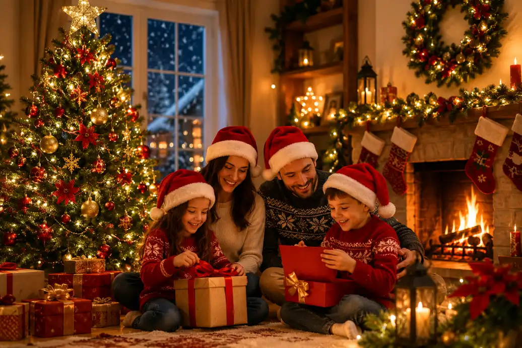 Christmas celebration with decorated tree lights and gifts