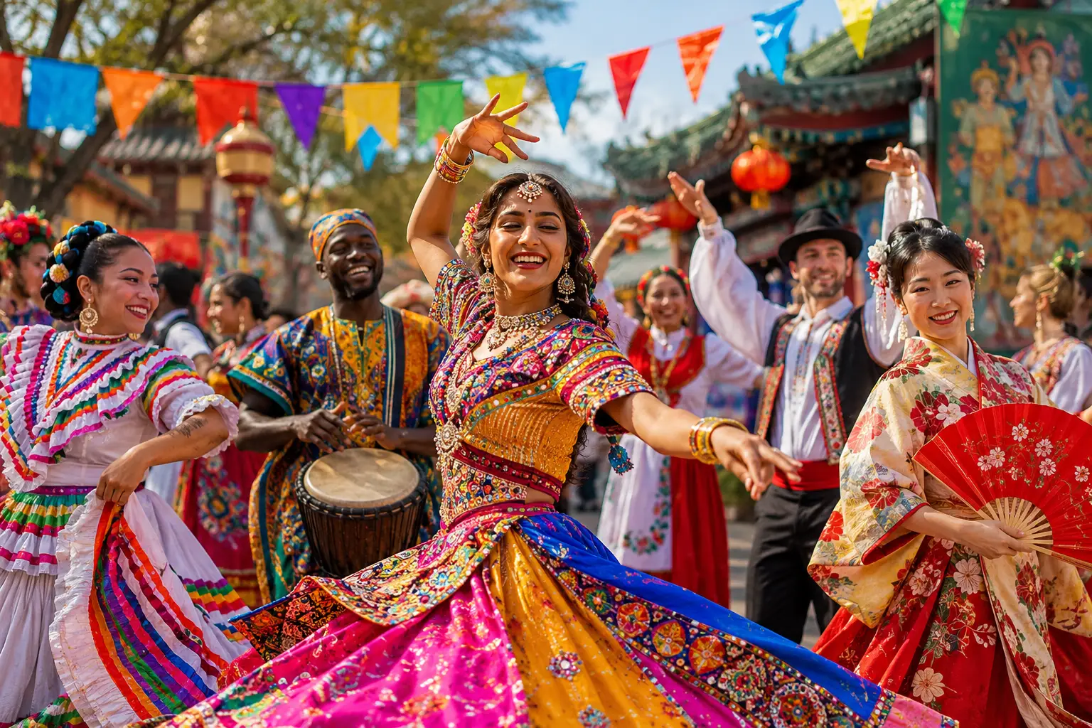 Cultural celebration with traditional music dance clothing and heritage