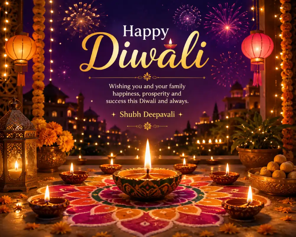 Diwali celebration with glowing diyas lamps rangoli and lights