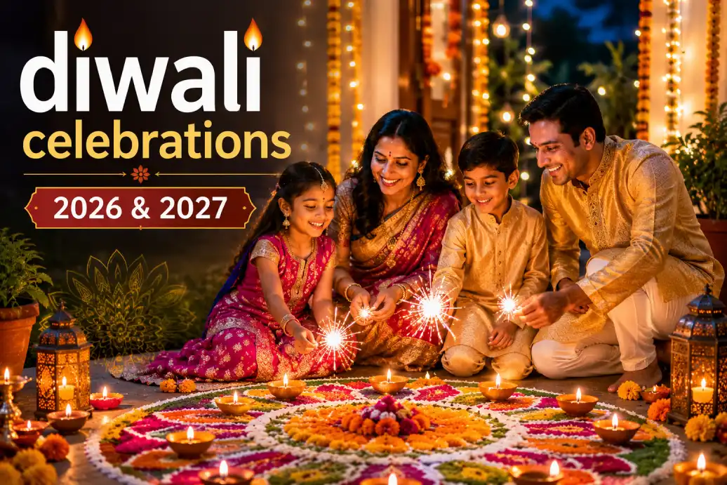 Diwali diyas lamps and rangoli decorations