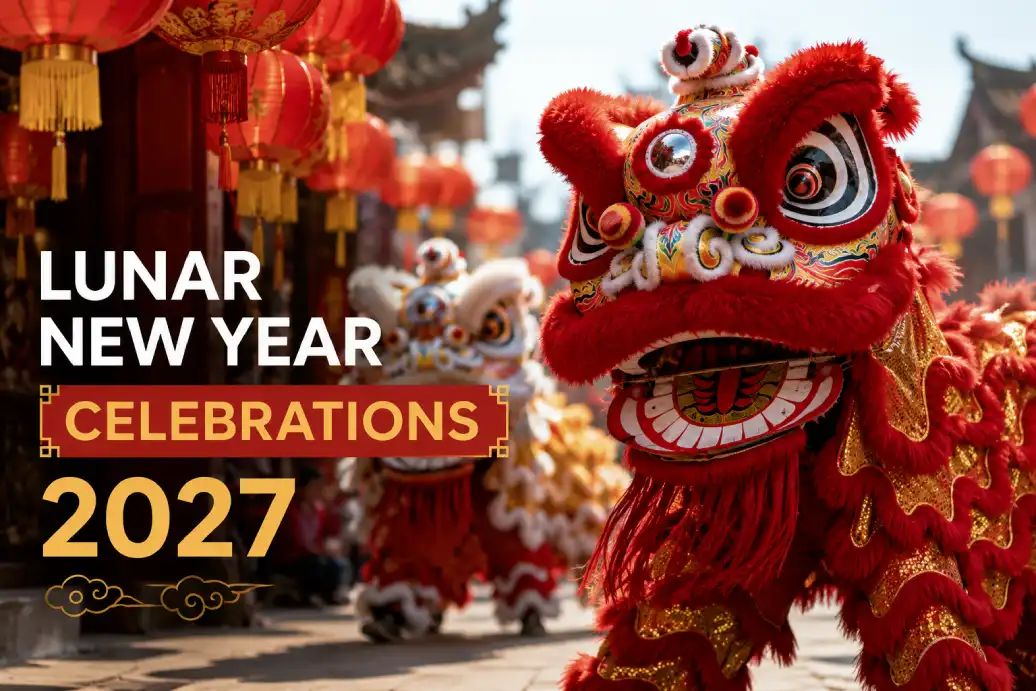 Lunar New Year lanterns and dragon dance celebration