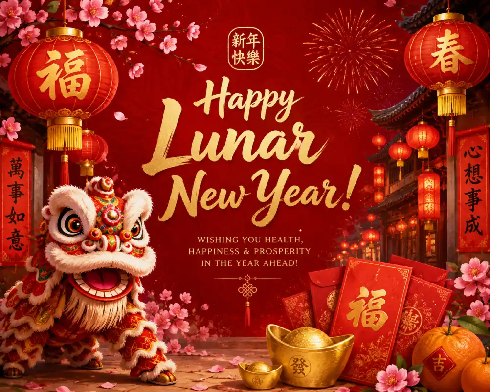 Lunar New Year celebration with lanterns dragon dance and red decorations