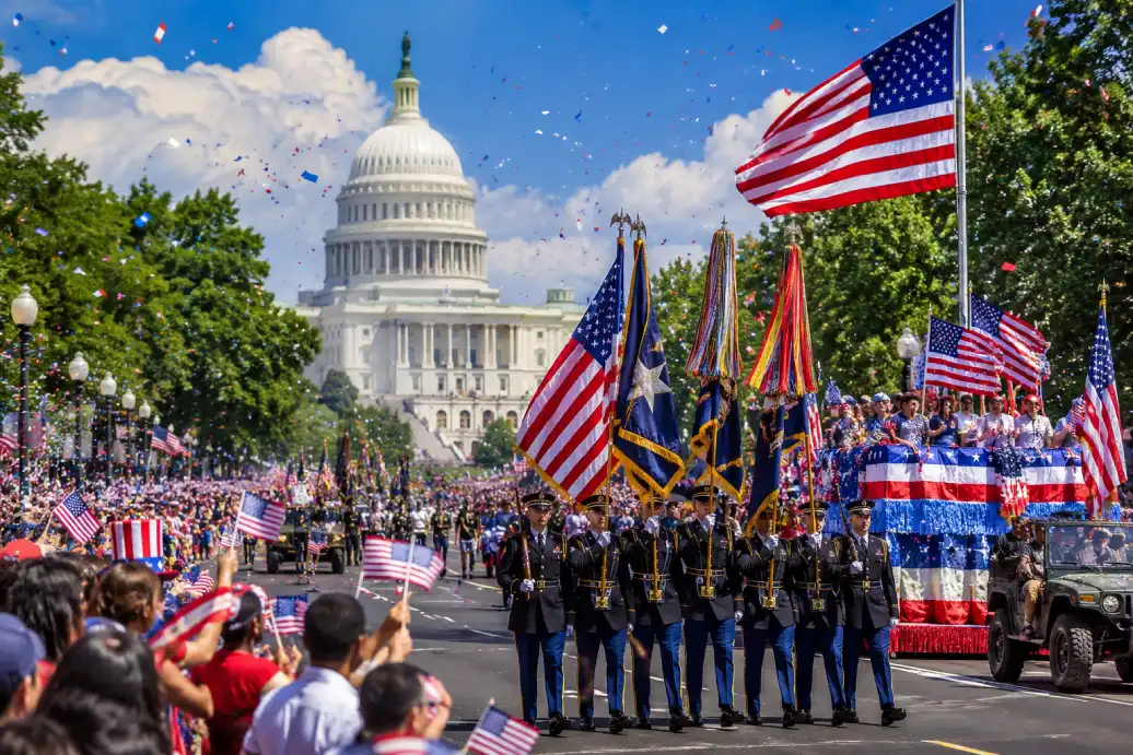 National holiday parade with flags and public celebration