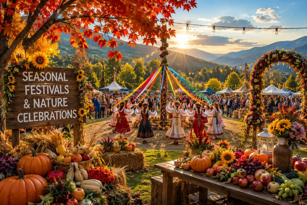 Seasonal festival with nature harvest flowers and community celebration